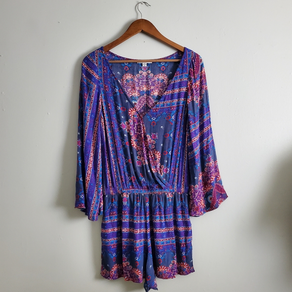 American Eagle | Boho Hippie Faux Wrap Long Sleeve Short Romper